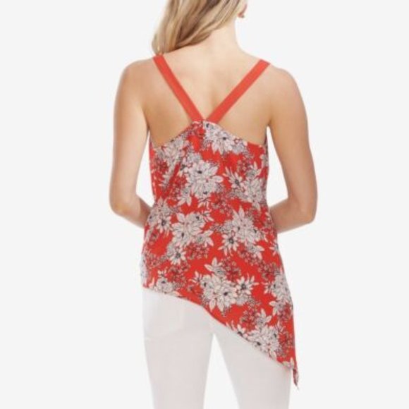 Vince Camuto Floral Print Asymmetric Hem Red V-Neck Tank Top Blouse Large NWT - Picture 3 of 13